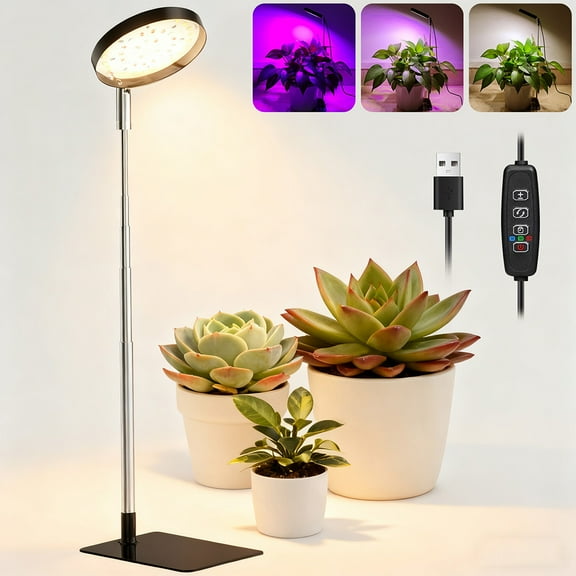 Rosnek LED Grow Lights with Base, Full Spectrum Dimmable Table Plant Growing Lights with Auto ON Off Timer Height Adjustable Desk Plant Lamp for Indoor Plants