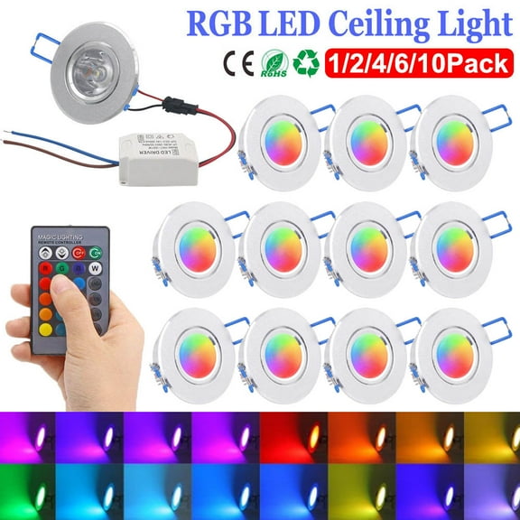 Rosnek LED Reccessed Downlights Color Changing Recessed Lighting 3W RGB Ceiling Light with Remote Control, 1 Pack