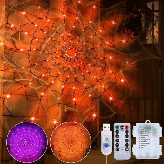 Rosnek LED Spider Web Light, 4Ft Diameter 70 LED Waterproof LED Halloween Spider Net Light 8 Light Modes Dimmable with Timer for Party Yard Bar Indoor Outdoor Halloween Decoration