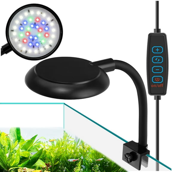 Rosnek Mini Clip On Aquarium Light 7W Dimmable Fish Tank Light USB Moving Lamp with White Red Blue Green LED for 3 to 5 Gallon Tanks