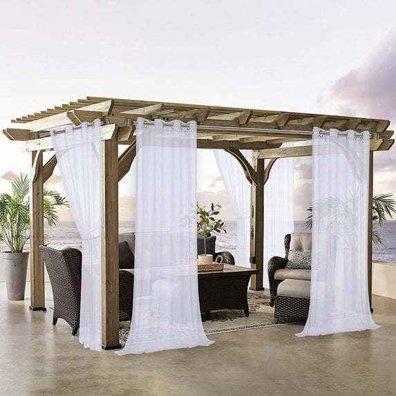 Rosnek Outdoor Linen White Sheer Curtains for Patio Waterproof 52 x 84inch Grommet Semi-Sheer Voile Drape for Living Room, Porch, Pergola, Gazebo, 1 Panel