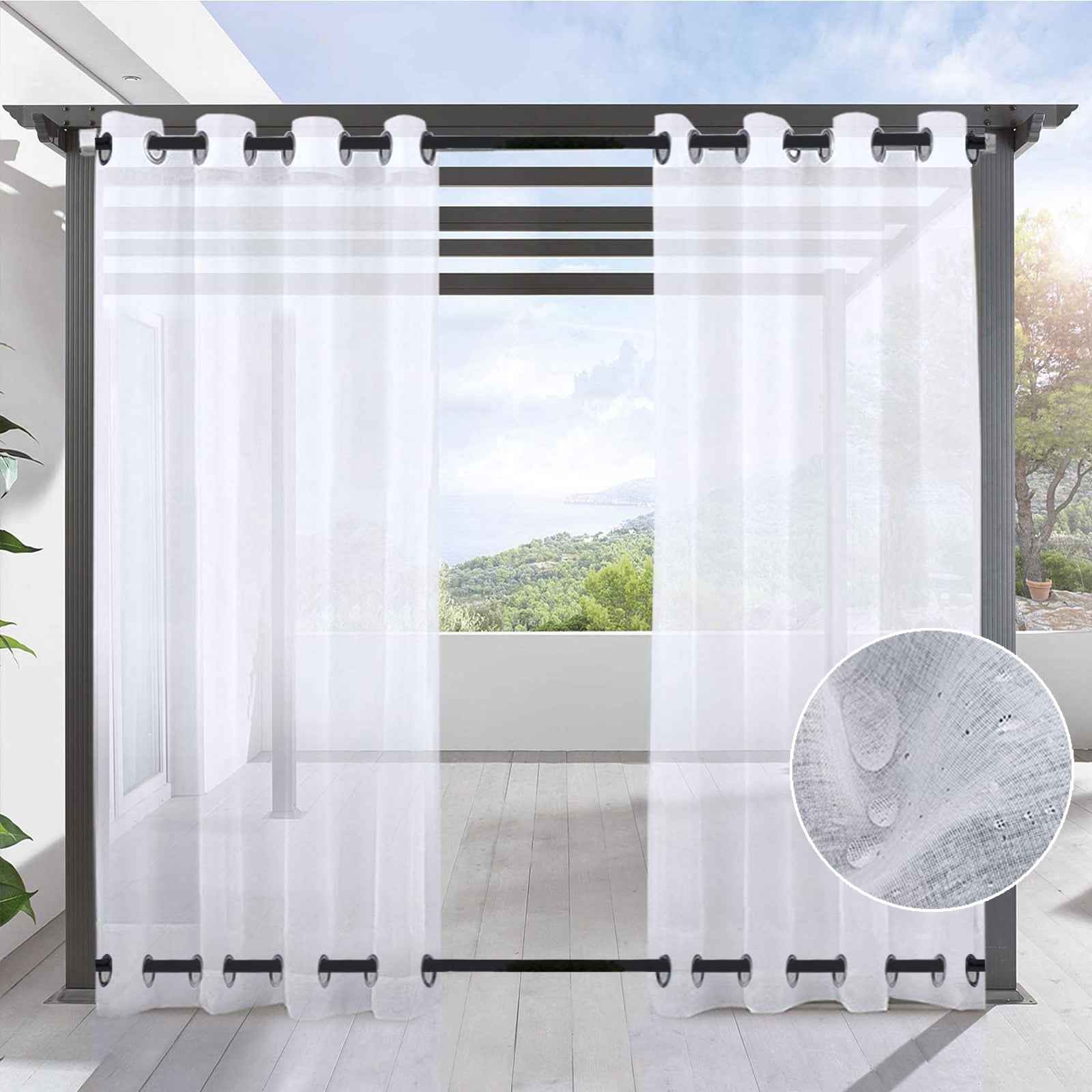 Rosnek Outdoor Patio Sheer Curtains Waterproof, Rustproof Top and