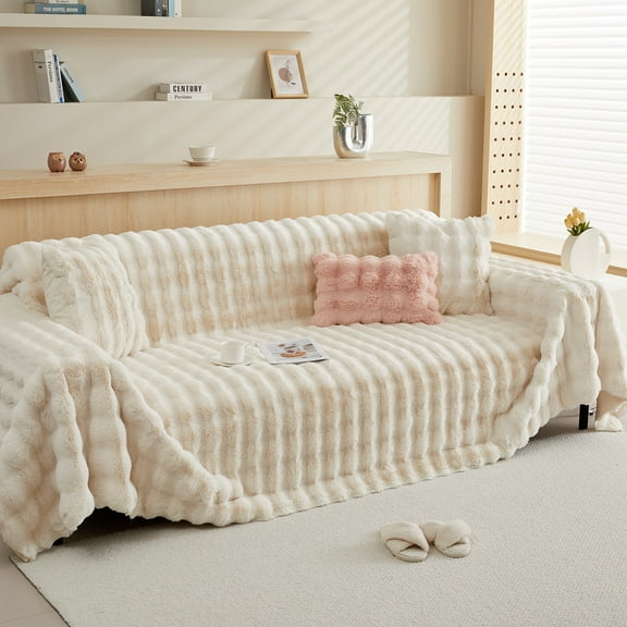 Rosnek Plush Sofa Cover, Soft fluffy Couch Cove Blanket, Cozy Shaggy Sectional Sofa Cover for Dogs, Thick Sofa Slipcover Warm Throw Blanket for Couch Sofa Bed Ideal Gifts, Cream, 71"x 91"