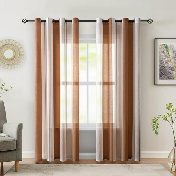Rosnek Sheer Curtains Striped Pattern for Bedroom, Farmhouse Grommet Semi-Sheer Light Filtering Window Curtain for Living Room/Bedroom, Set of 2, Taupe, 55"x 96"
