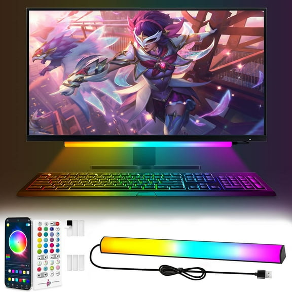 Rosnek Smart Under Monitor Light Bar, App and Remote Control Gaming Ambient Lights,Music Sync Color Changing, 16 Million Colors, Timing, USB Powered RGB Light Bar for Under Monitor/TV/PC Back