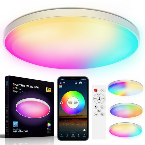 Rosnek Smart RGB Ceiling Light, 48W Flush Mount Ceiling Light with Remote Control Dimmable Color Changing Home Lighting for Bedroom Living Room