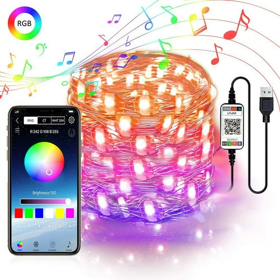 Rosnek Smart RGB Fairy String Light, 32.8ft USB Multi Color Changing Music Copper Wire String Lights Waterproof for Bedroom Christmas Indoor Outdoor Decoration