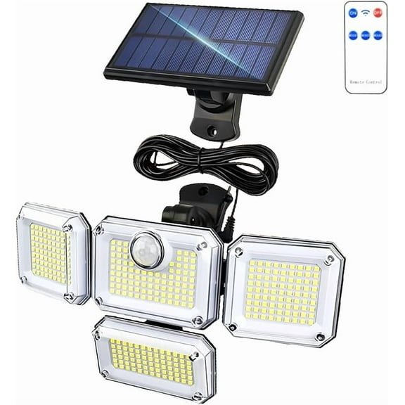 Rosnek Solar Outdoor Lights 3500LM 300LED Security Lights with Remote Control, 4 Heads Motion Sensor Lights, IP65 Waterproof, 270Wide Angle Flood Wall Lights, 6500K