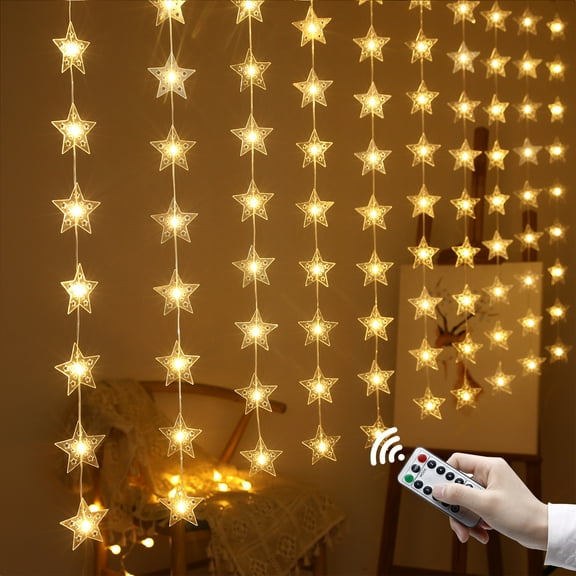 Rosnek Star Curtain Fairy Lights, 8 Modes Remote Control Window Curtain String Lights with Timer, Waterproof Decorative Lights for Christmas, Wedding, Bedroom, Party