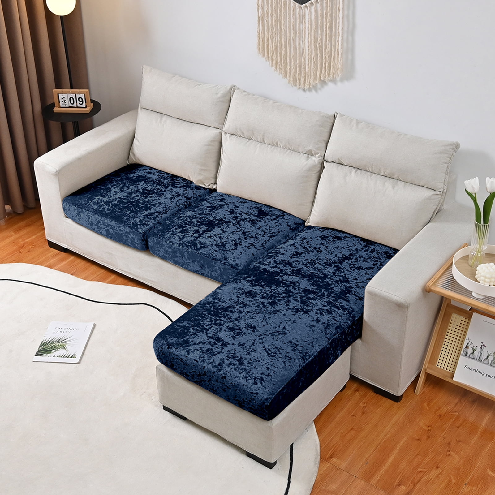 Rosnek Stretch Couch Cushion Covers for Sectional Sofa L Shape,Velvet Sectional Sofa Cover Soft Slipcover for L Shaped Sofa(for 3 Cushions or Chaise L