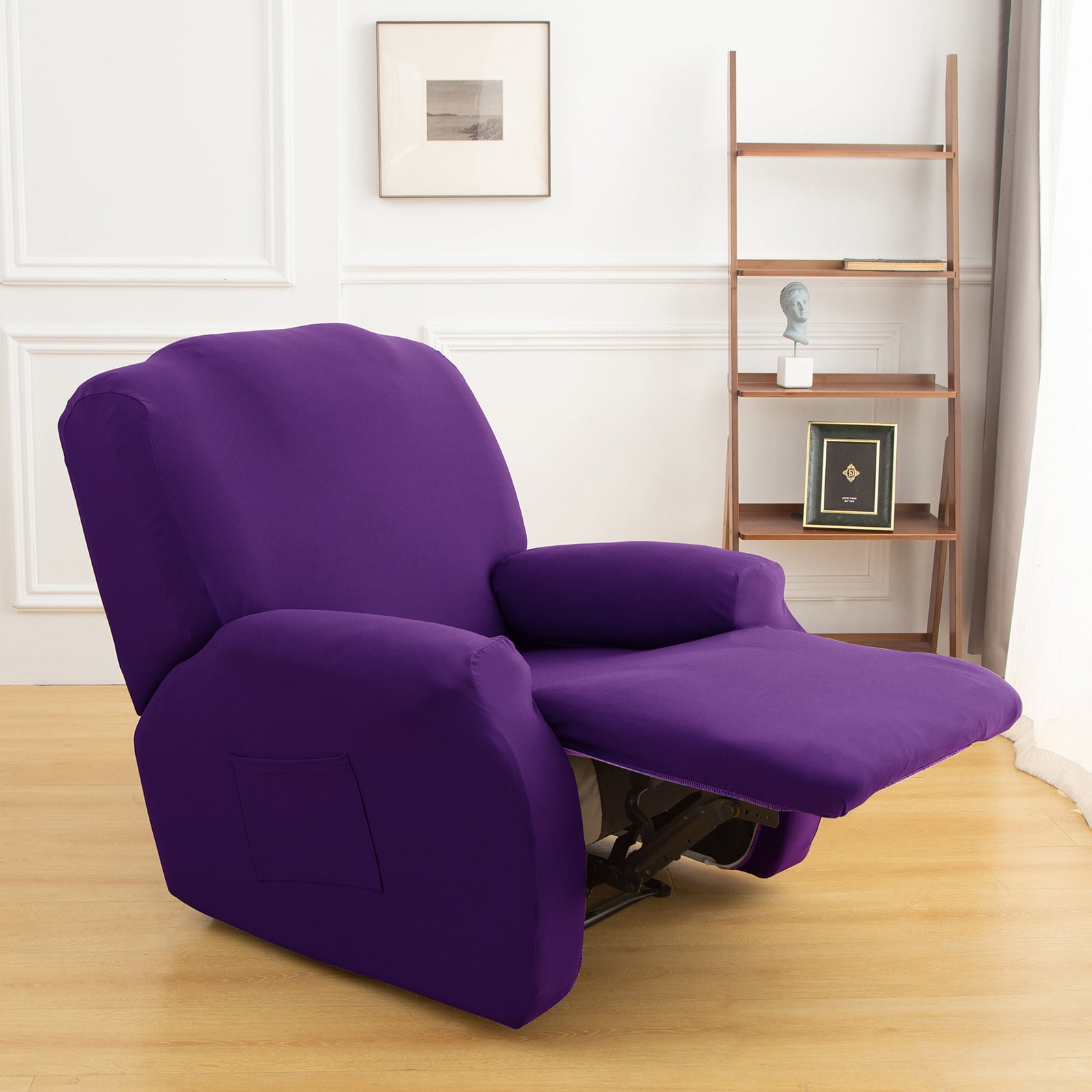 Rosnek Stretch Recliner Slipcover with Pockets Furniture Chair Cover Purple 4 Pieces