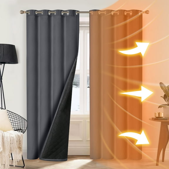 Rosnek Thermal Insulated Blackout Curtains, Cold Blocking Thicken Cotton Drapes Quilted Winter Curtain for Living room, 1 Panel