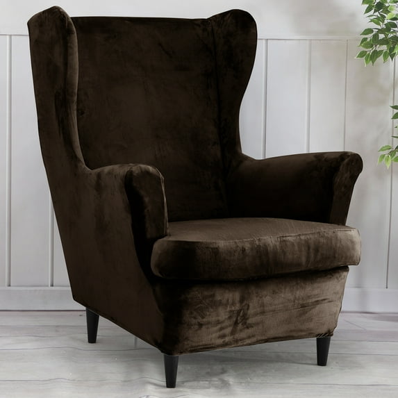 Rosnek Velvet Wing Back Slipcover Stretch Wingback Armchair Chair Polyester Cover Protector with Elastic Bottom for Living Room Bedroom Hotel