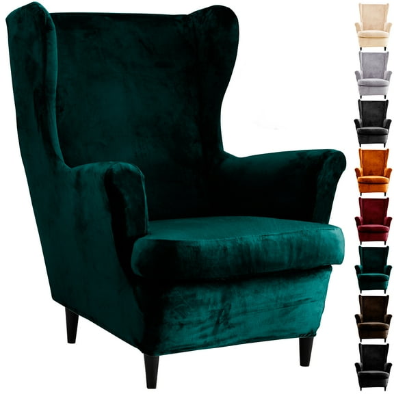 Rosnek Velvet Wing Back Slipcover Stretch Wingback Armchair Chair Polyester Cover Protector with Elastic Bottom for Living Room Bedroom Hotel