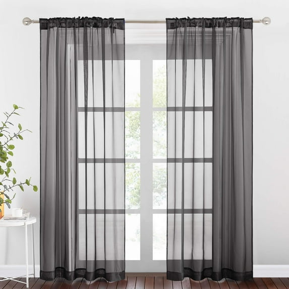 Rosnek Voile Sheer Rod Pocket Window Curtains, Single Panel in Black, 39''W x 98''L