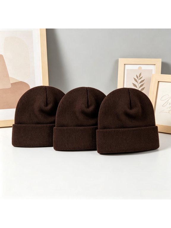 3 Pack Unisex Knit Beanie Hats, Soft Warm Cuffed Skull Cap, Stretchy Slouchy Winter Watch Cap for Men Women Outdoor Ski Daily Casual Wear