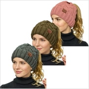 Rosoz 3 Pack Women Ponytail Beanie, Soft Stretch Cable Knit High Bun Hat, Warm Winter Messy Bun Beanie with Hair Hole