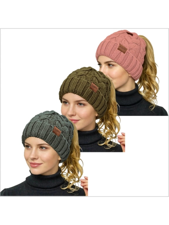 3 Pack Women Ponytail Beanie, Soft Stretch Cable Knit High Bun Hat, Warm Winter Messy Bun Beanie with Hair Hole