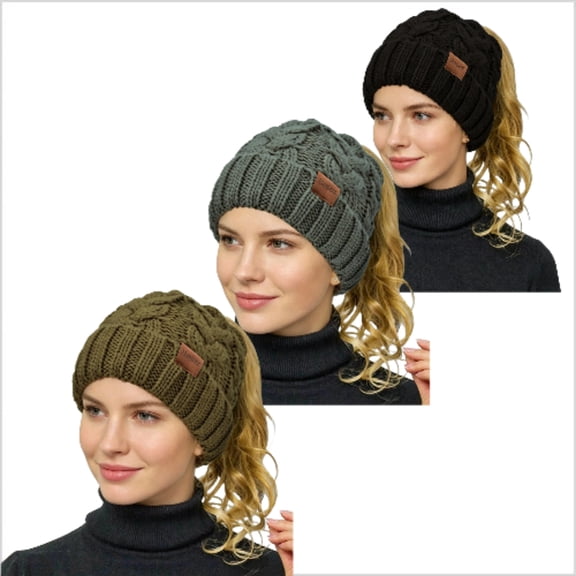 Rosoz 3 Pack Women Ponytail Beanie, Soft Stretch Cable Knit High Bun Hat, Warm Winter Messy Bun Beanie with Hair Hole