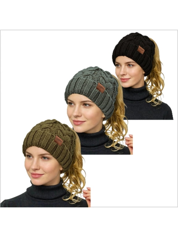 3 Pack Women Ponytail Beanie, Soft Stretch Cable Knit High Bun Hat, Warm Winter Messy Bun Beanie with Hair Hole
