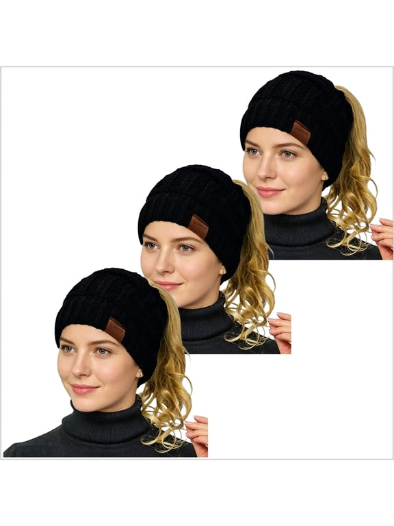 3 Pack Women Ponytail Beanie, Stretch Cable Knit Messy High Bun Hat, Warm Winter Hat with Ponytail Hole