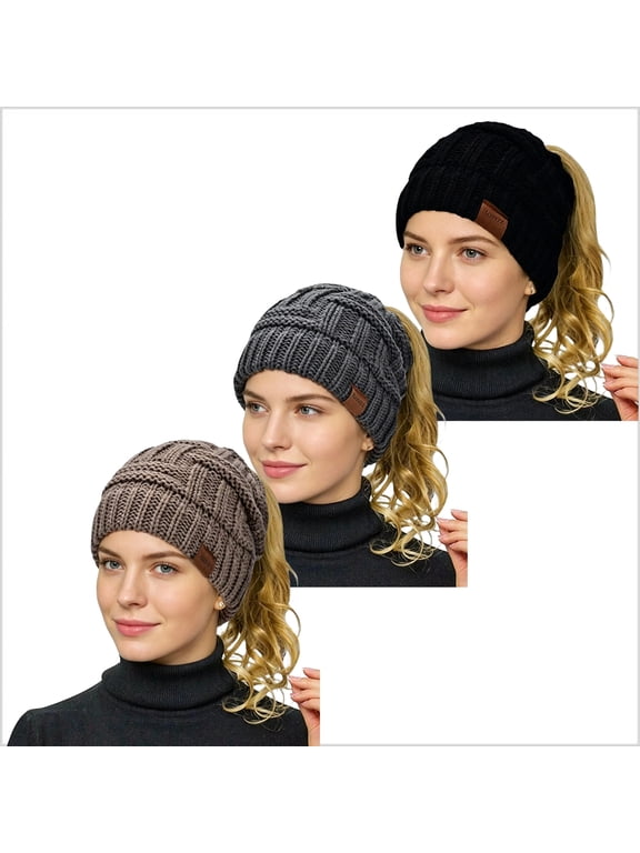 3 Pack Women Ponytail Beanie, Stretch Cable Knit Messy High Bun Hat, Warm Winter Hat with Ponytail Hole