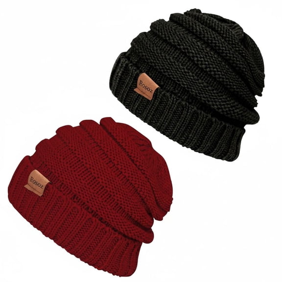 Rosoz Women's Slouchy Beanies 2-Pack, Knit Warm Winter Hats for Women, Thick for Cold Weather
