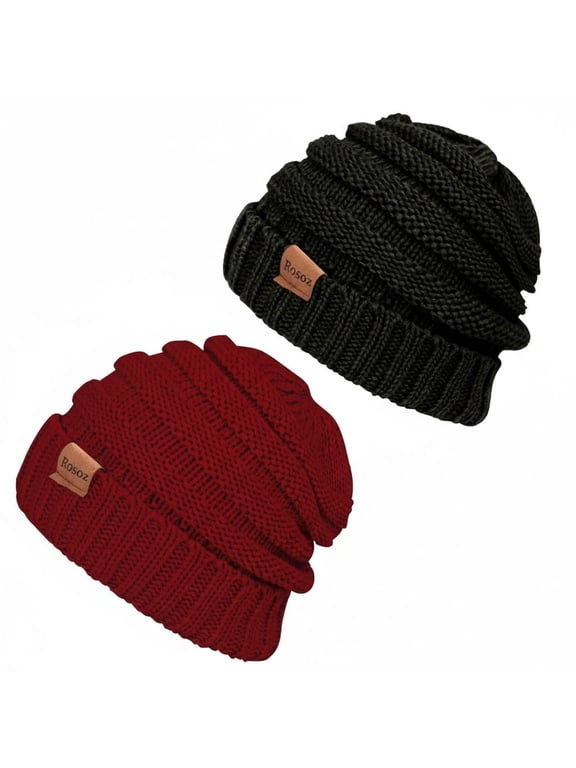 Rosoz Women's Slouchy Beanies 2-Pack, Knit Warm Winter Hats for Women, Thick for Cold Weather