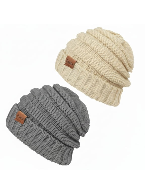Rosoz Women's Slouchy Beanies 2-Pack, Knit Warm Winter Hats for Women, Thick for Cold Weather
