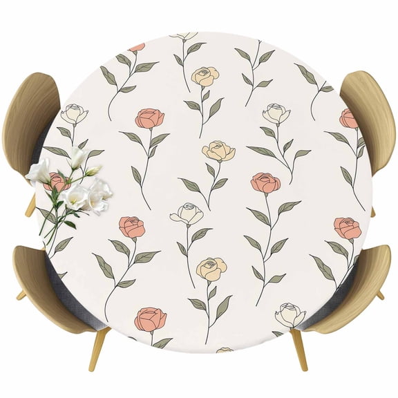 Rosr Floral Round Tablecloth 36-44 Inch Round Fitted Table Cloth with Elastic Edge, Watercolor Colored Flowers Spring Fall Leaf Waterproof Table Cover Protector for Outdoor Picnic Party Dining