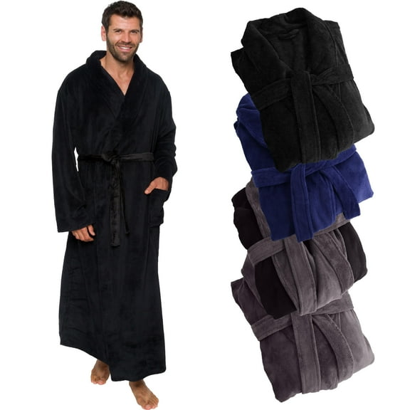 Ross Michaels - Men's Big & Tall Full Length Plush Luxury Bathrobe - Small/Medium, Jet Black