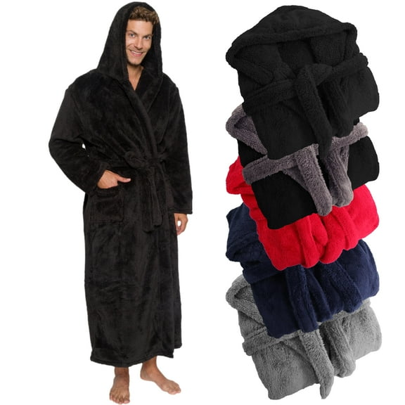Ross Michaels Men's Big & Tall Robe with Hood, Full Length Long Plush Fleece Bathrobe - 2X Large/3X Large, Jet Black