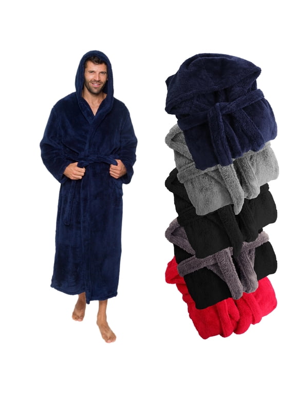 Men's Big & Tall Robe with Hood, Full Length Long Plush Fleece Bathrobe - 2X Large/3X Large, Midnight Blue