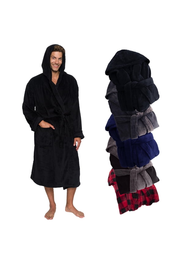 Mens Robe Hooded Wrap Style - Mid Length Fleece (Small/Medium, Jet Black)