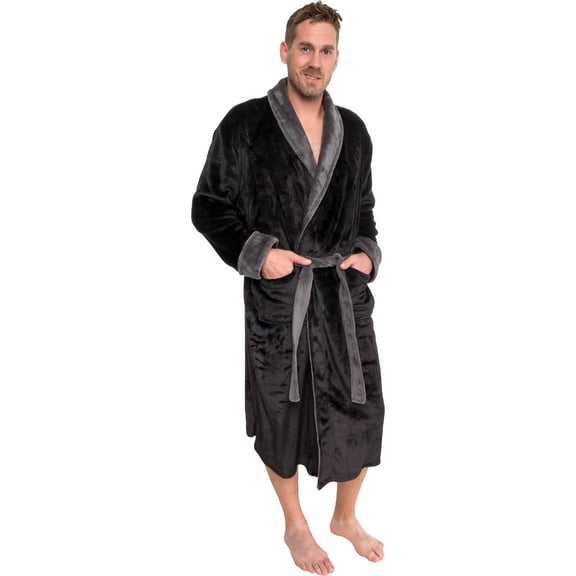 Ross Michaels Men's Robe - Mid Length - Plush Shawl Collar Two Tone Bathrobe (Black & Grey, XXL)