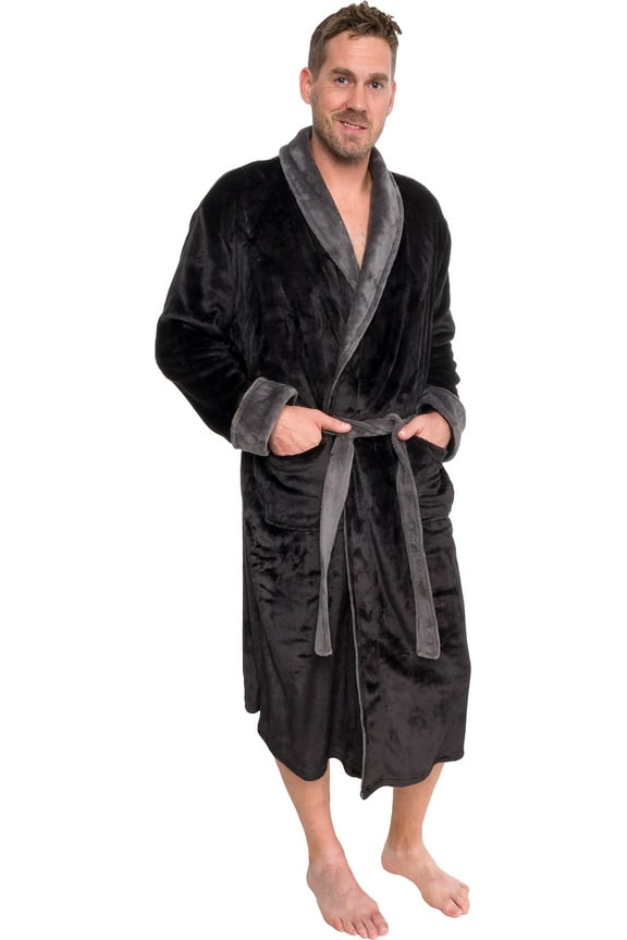 Men's Robe - Mid Length - Plush Shawl Collar Two Tone Bathrobe (Black & Grey, XXL)