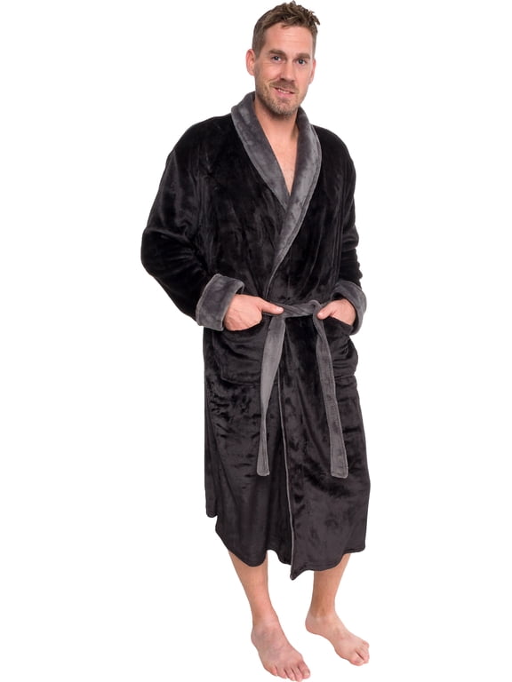 Men's Robe - Mid Length - Plush Shawl Collar Two Tone Bathrobe (Black & Grey, XXL)