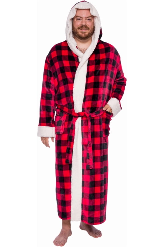 Mens Robe Big & Tall with Hood - Long Buffalo Plaid Plush Sherpa Lined Bathrobe with Shawl Collar (Red, Large/X Large)