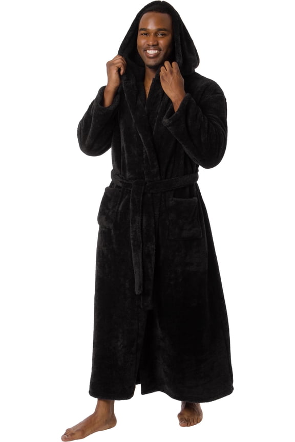 Mens Robe Big & Tall with Hood - Long Plush 400GSM Luxury Fleece Bathrobe with Shawl Collar (Black, 3X-Large)