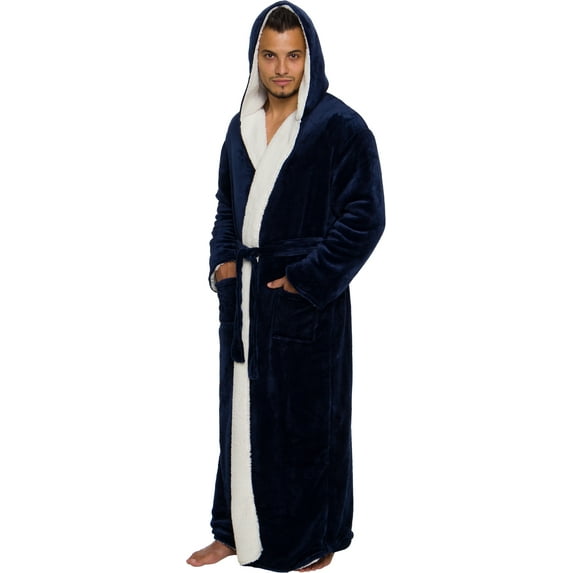 Ross Michaels Mens Robe Big & Tall with Hood - Long Plush Sherpa Lined Fleece Bathrobe (Navy, Large-X-Large)
