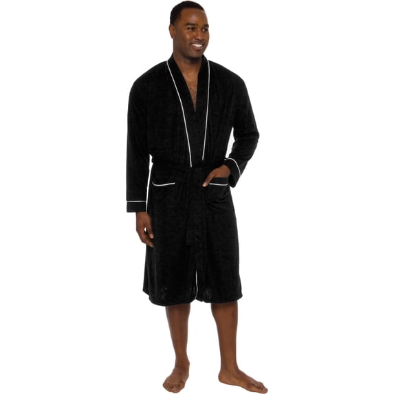 Ross Michaels Mens Robe Lightweight- Mid Length - Summer Bathrobe with Contrast Piping (Black, XXL)