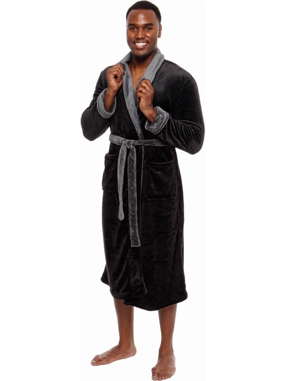 Men's Robe - Mid Length - Plush Shawl Collar Two Tone Bathrobe (Black & Grey, S/M)