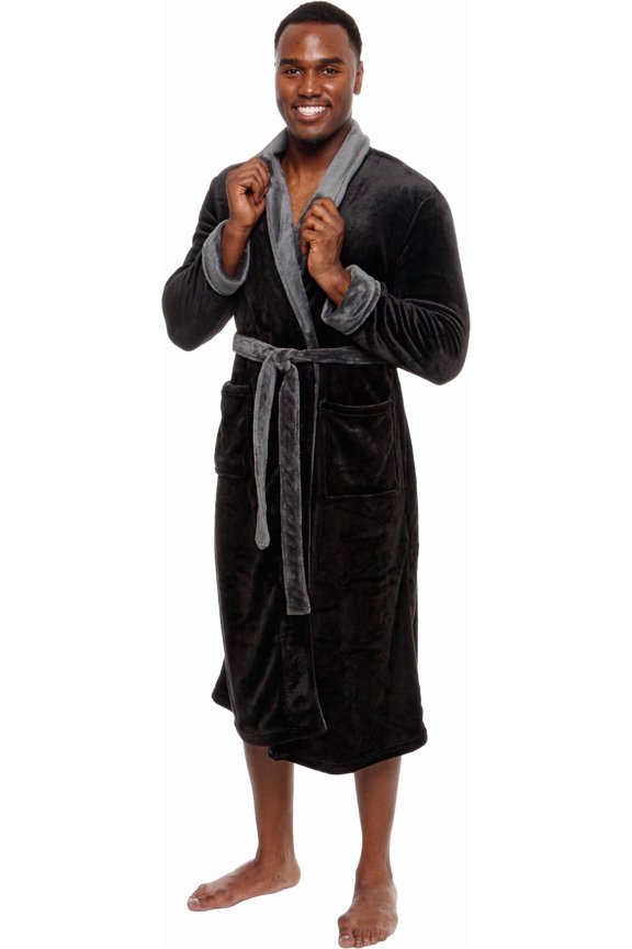 Men's Robe - Mid Length - Plush Shawl Collar Two Tone Bathrobe (Black & Grey, S/M)