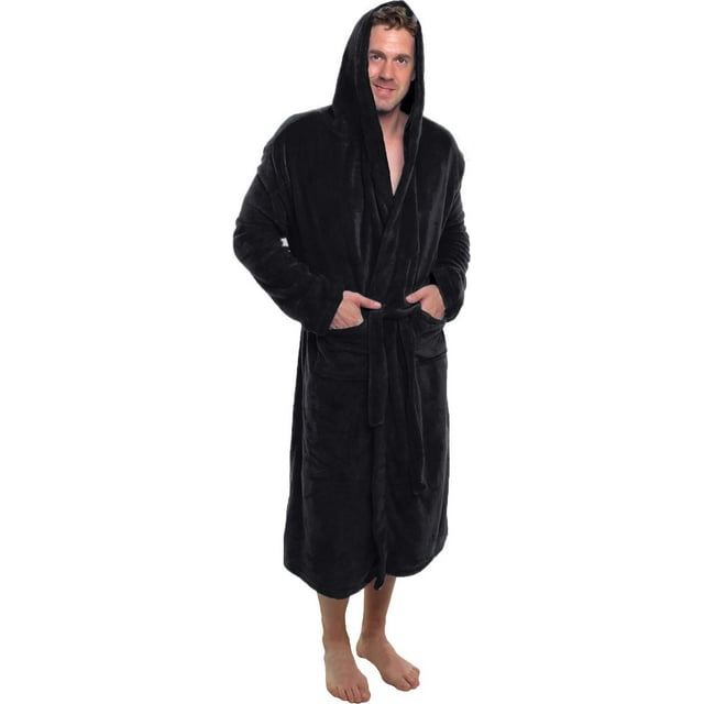 Ross Michaels Mens Robe with Hood - Soft Warm 320 GSM Mid Length Bathrobe - Plush Shawl Collar ...