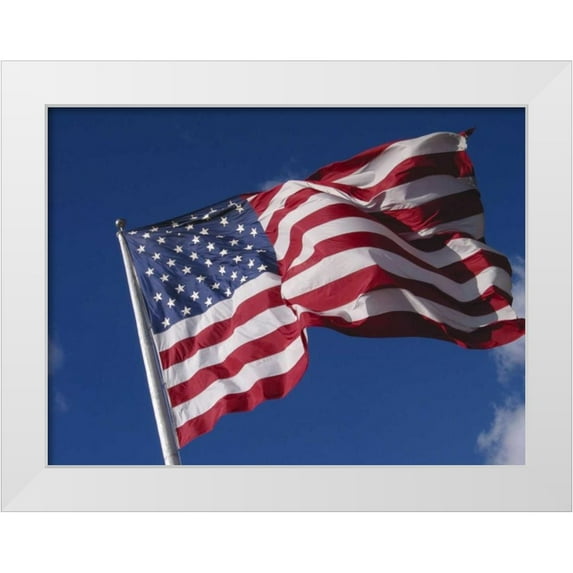 Ross, Nancy , Steve 32x25 White Modern Wood Framed Museum Art Print Titled - Washington, Cle Elum American flag flaps in wind
