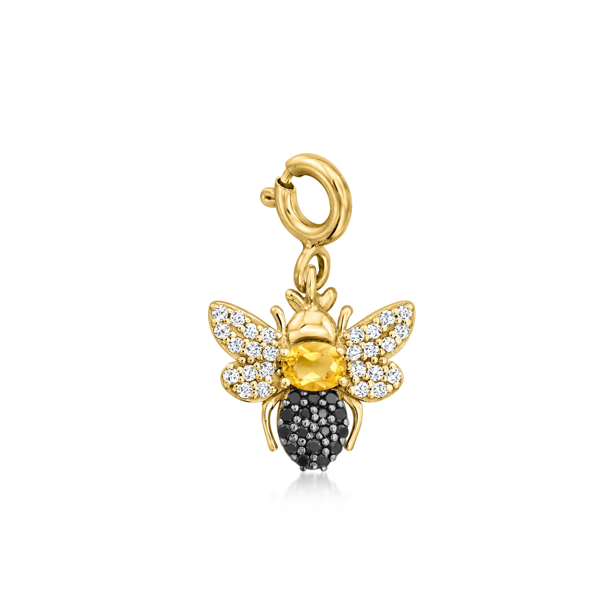 Ross-Simons 0.10 Carat Citrine and .10 ct. t.w. White Topaz Bumblebee Charm With Black Spinel in 18kt Gold Over Sterling, Women's, Adult