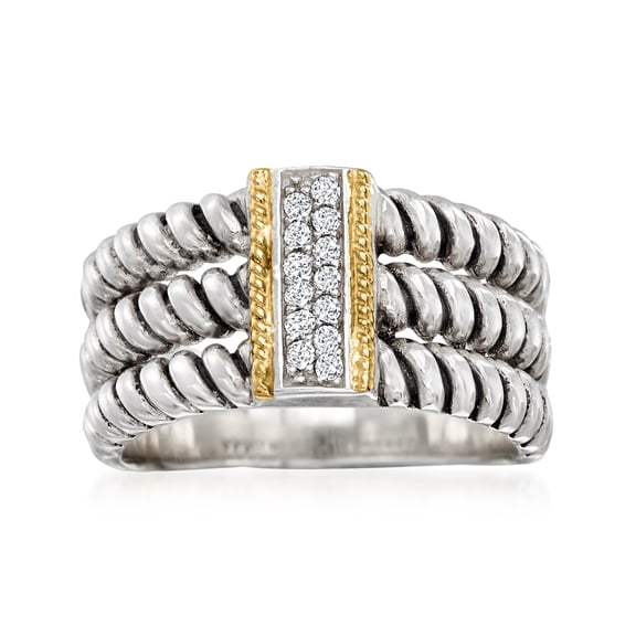 Ross-Simons 0.10 ct. t.w. CZ 3-Row Ring in Sterling Silver and 14kt Yellow Gold, Women's, Adult