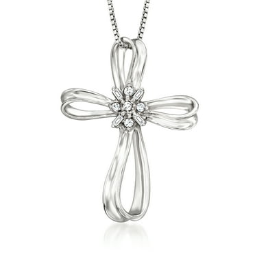 Ross-Simons 0.10 ct. t.w. Diamond Ribboned Cross Pendant Necklace in Sterling Silver, Women's, Adult