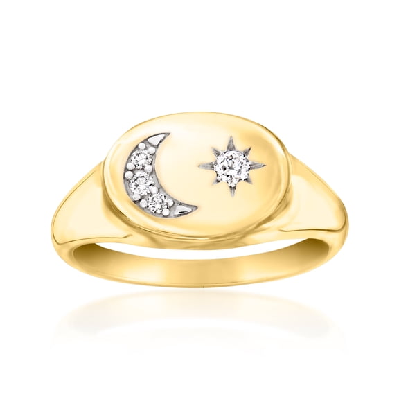 Ross-Simons 0.10 ct. t.w. Lab-Grown Diamond Moon and Star Signet Ring in 18kt Gold Over Sterling, Women's, Adult