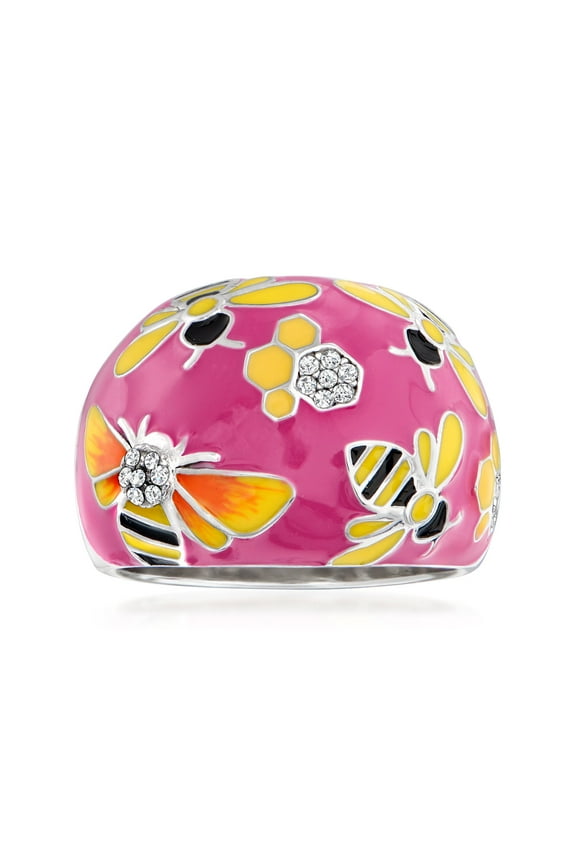 0.10 ct. t.w. White Topaz and Multicolored Enamel Bumblebee Ring in Sterling Silver, Women's, Adult